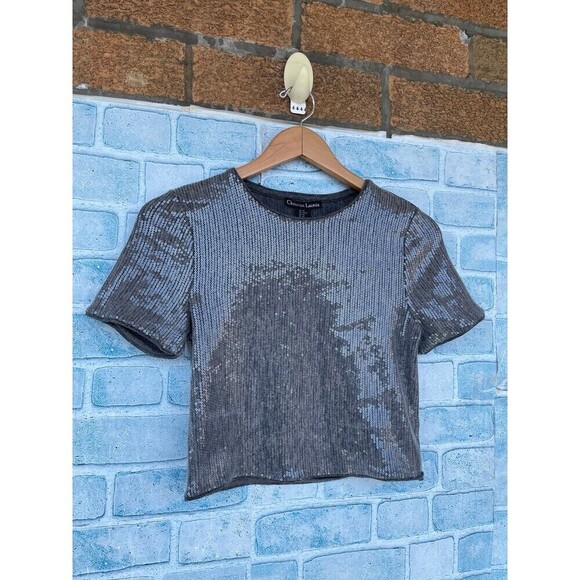 Christian Lacroix Scoop Neck Short Sleeve cropped Metallic & Silver sequin top - Picture 2 of 6